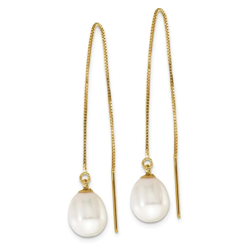 14k 7-8mm White Teardrop FW Cultured Pearl Box Chain Threader Earrings