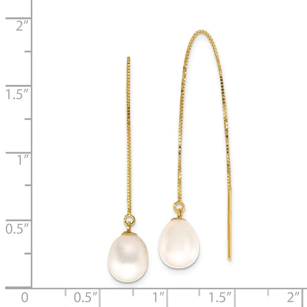 14k 7-8mm White Teardrop FW Cultured Pearl Box Chain Threader Earrings