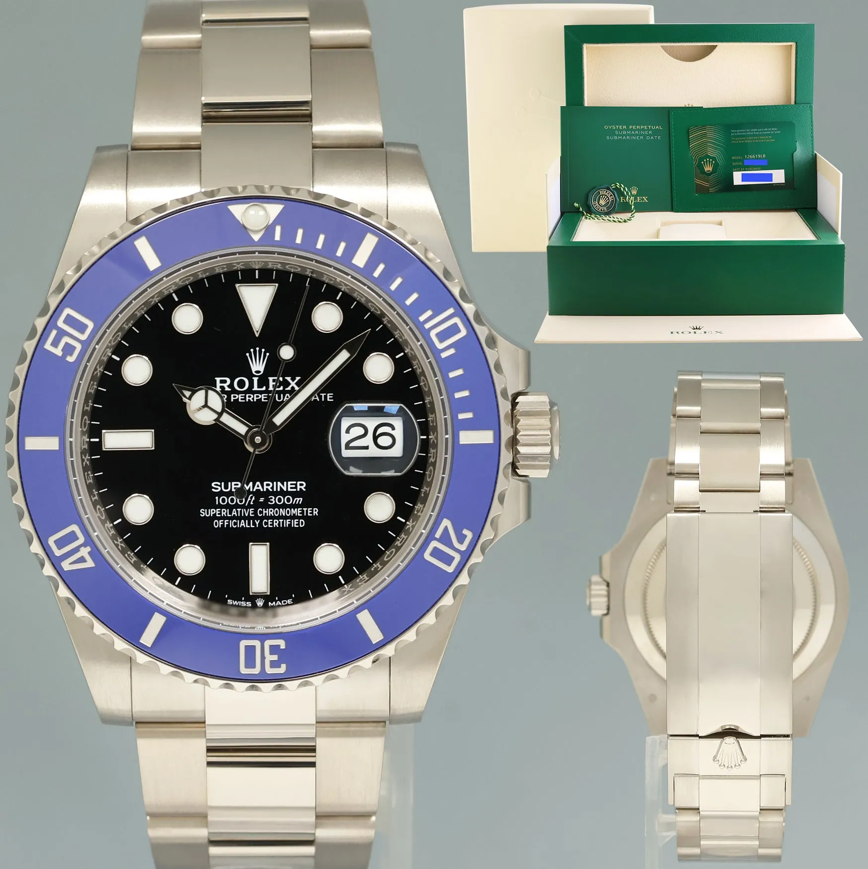 2023 NEW PAPERS Rolex Submariner Blue Cookie Monster 126619 White Gold 41mm Watch