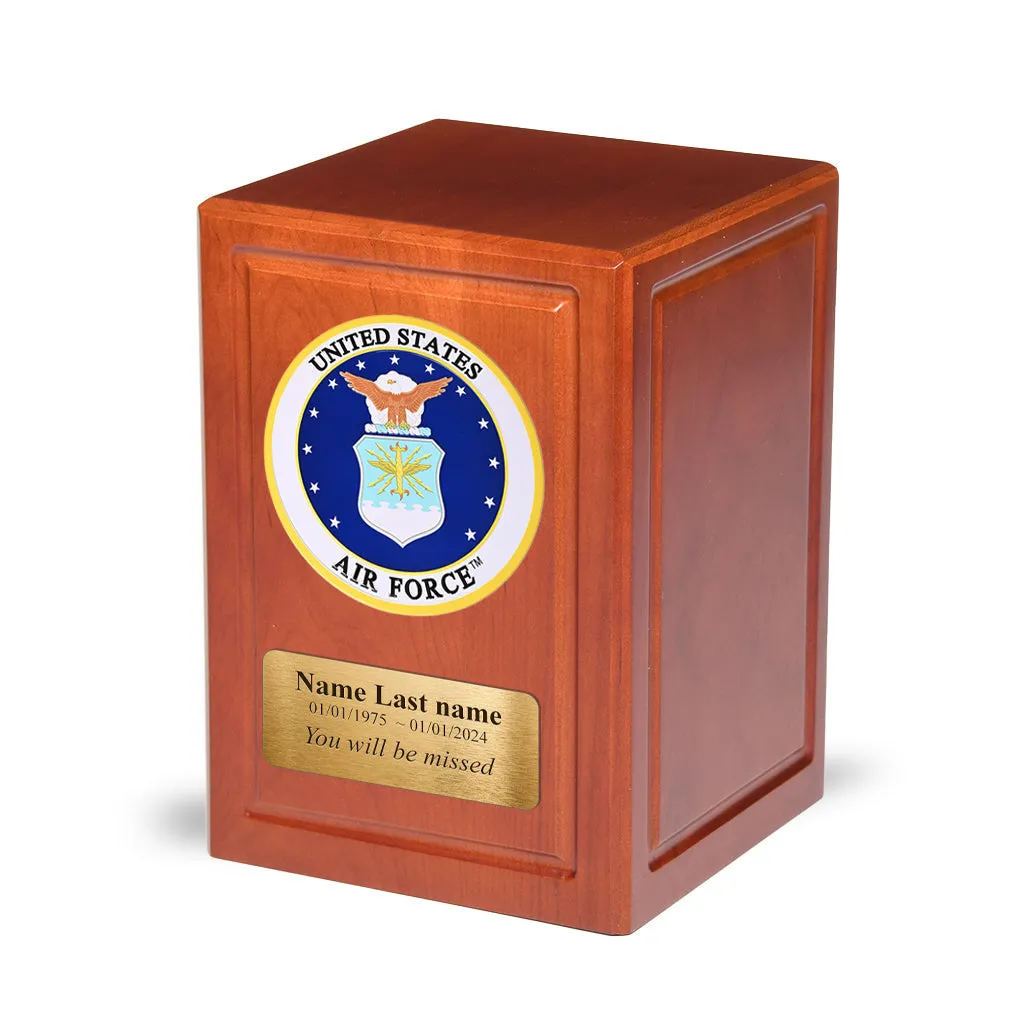 ADULT - Basswood  Urn  -AW04- Cherry with Military Emblem and Optional Plate