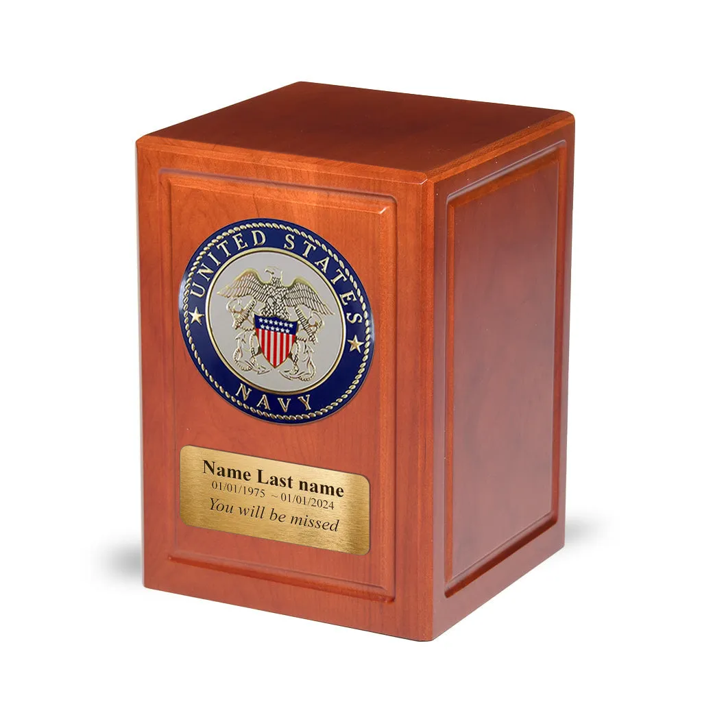 ADULT - Basswood  Urn  -AW04- Cherry with Military Emblem and Optional Plate