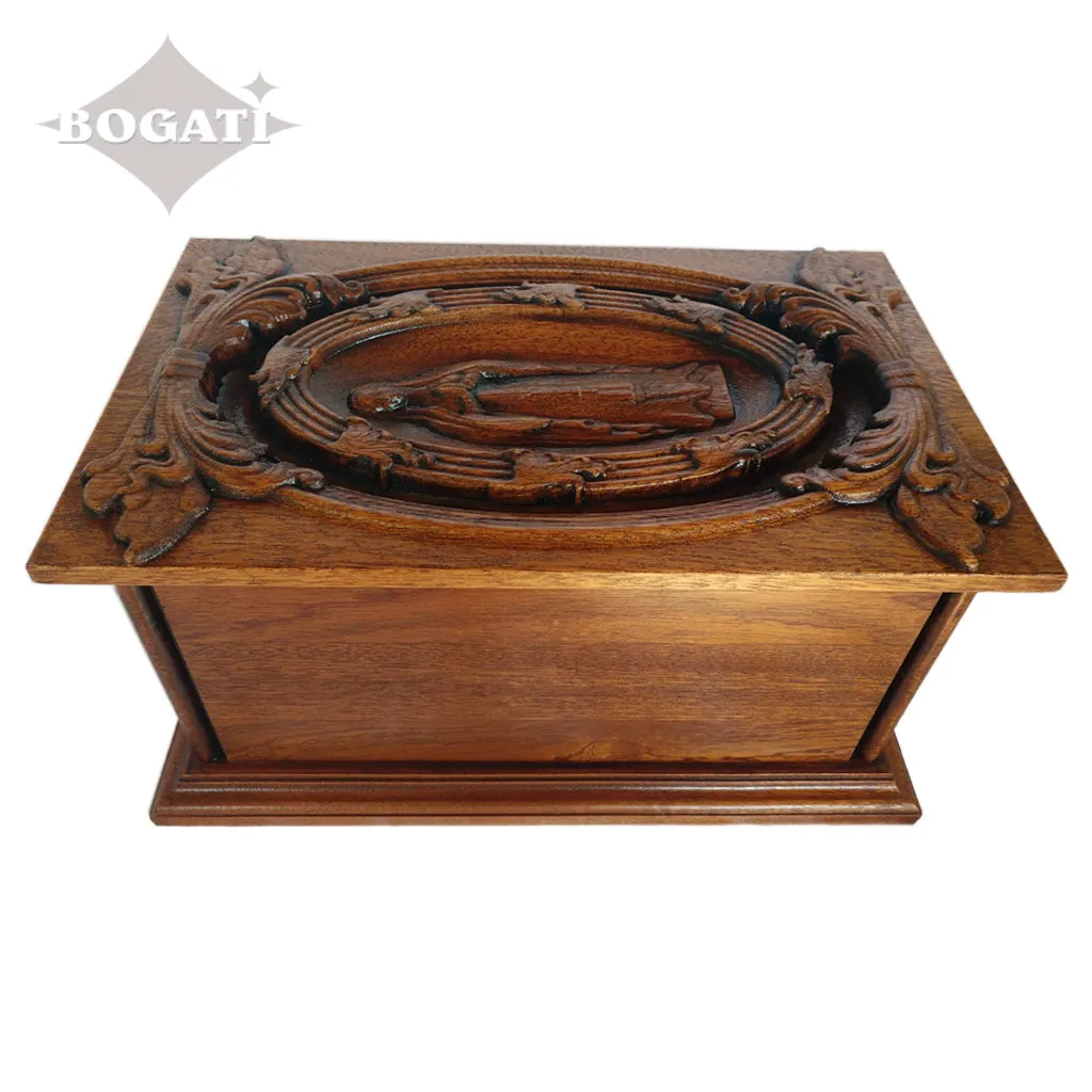 ADULT - Cherry Wood Handmade Carved Urn with the Virgin Mary