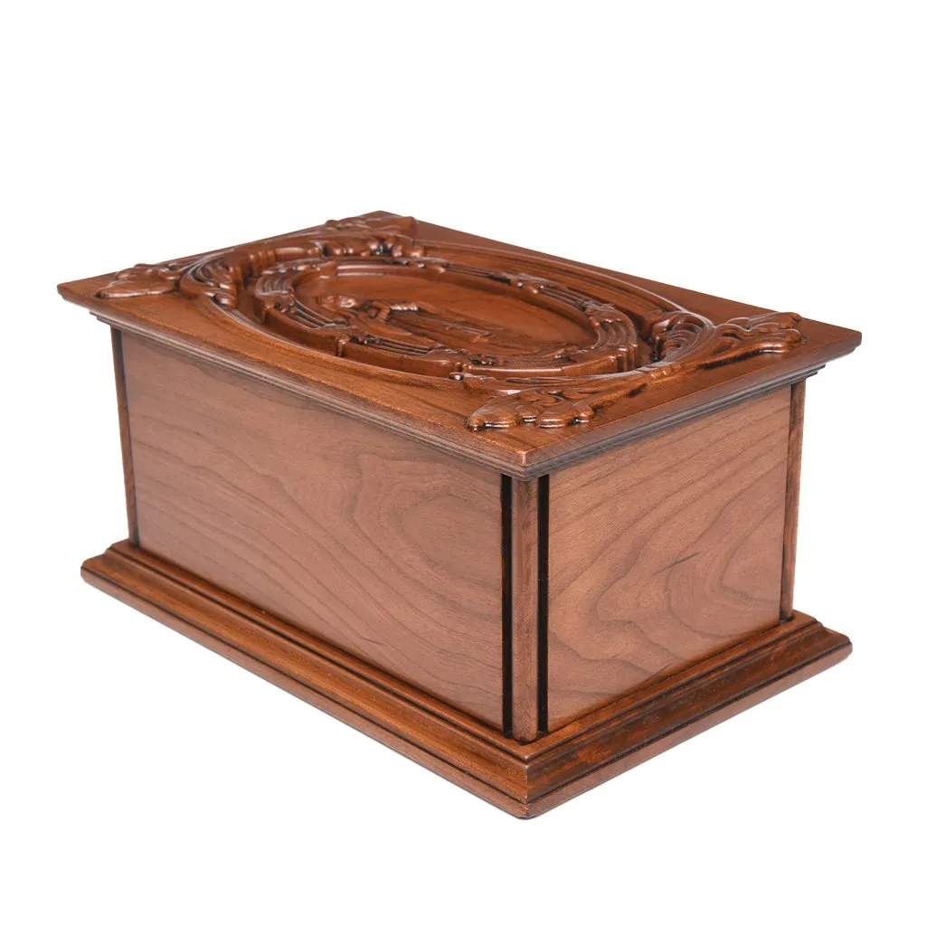 ADULT - Cherry Wood Handmade Carved Urn with the Virgin Mary