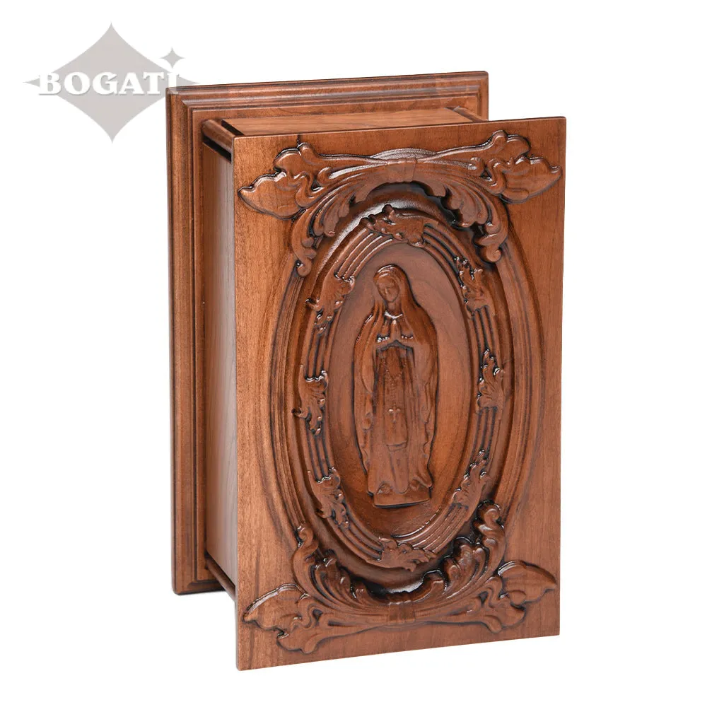ADULT - Cherry Wood Handmade Carved Urn with the Virgin Mary