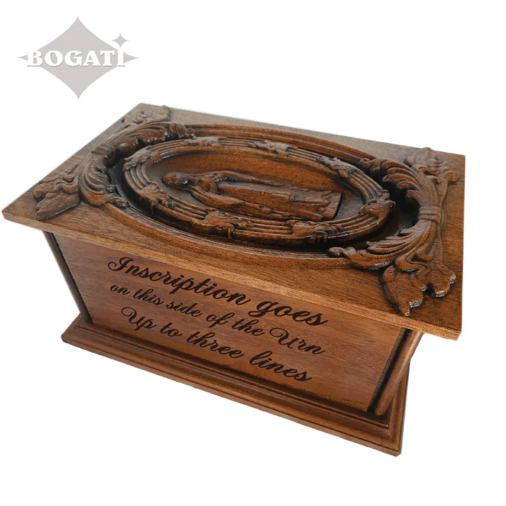 ADULT - Cherry Wood Handmade Carved Urn with the Virgin Mary