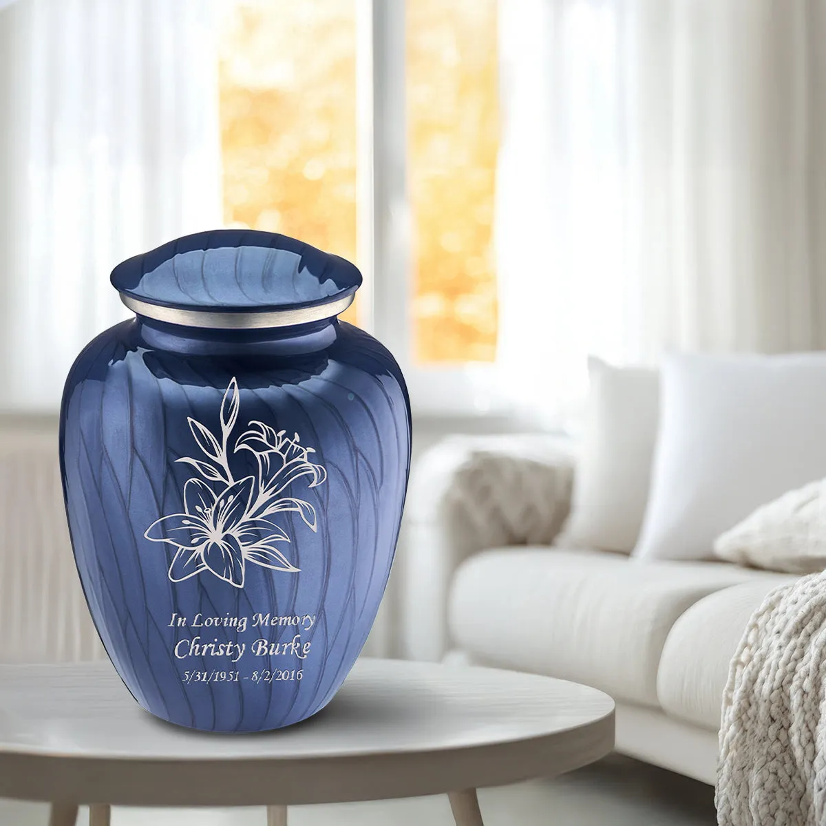 Adult Embrace Pearl Cobalt Blue Lily Cremation Urn