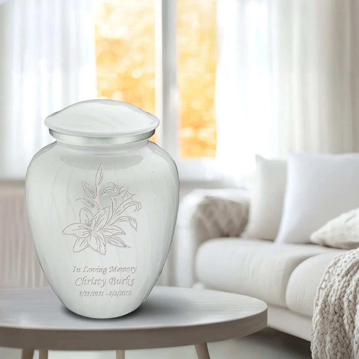 Adult Embrace Pearl White Lily Cremation Urn