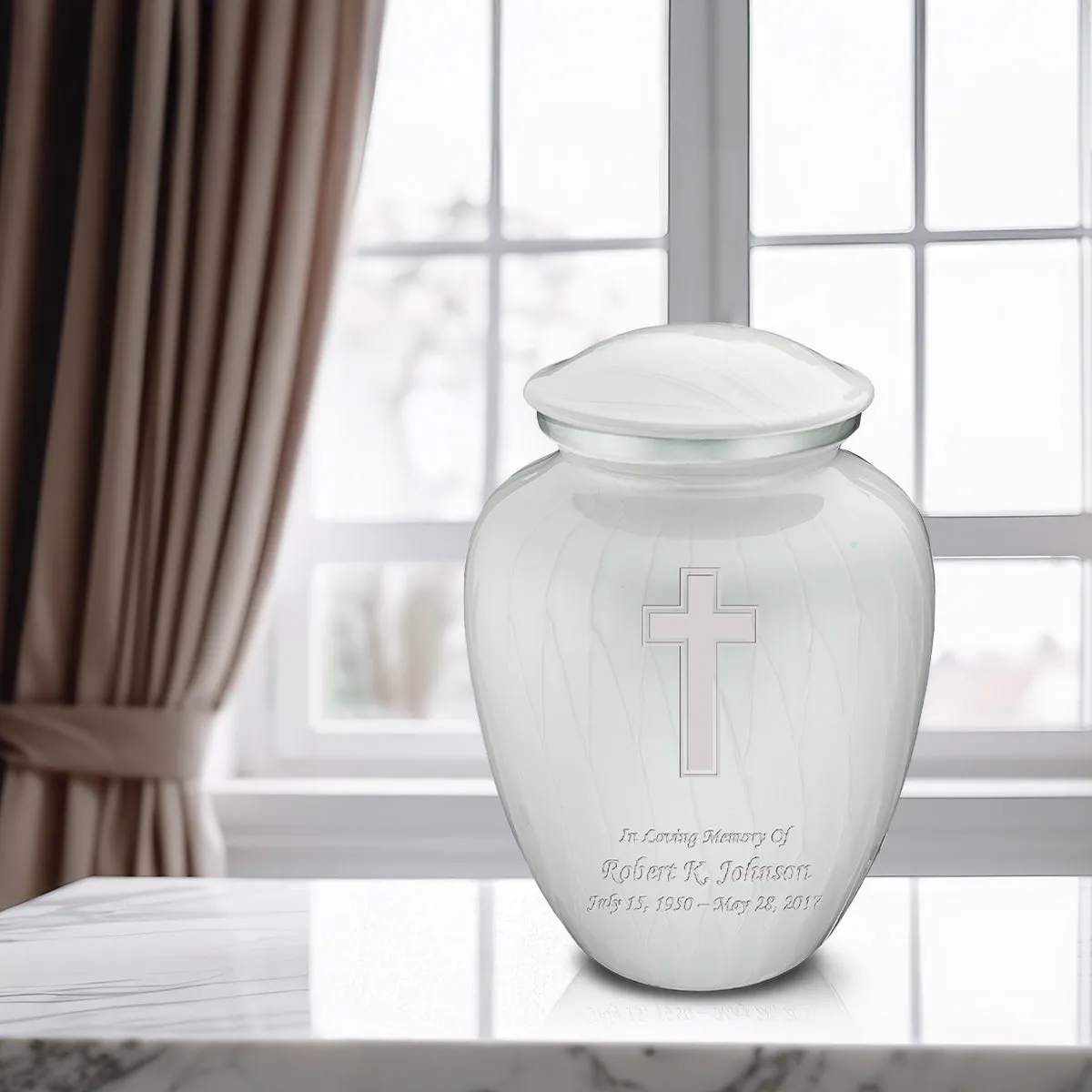 Adult Embrace Pearl White Simple Cross Cremation Urn