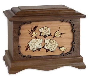 Ambassador Cremation Urn with White Roses Wood Art