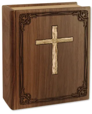 Bible Wood Inlay Cremation Urn with Cross