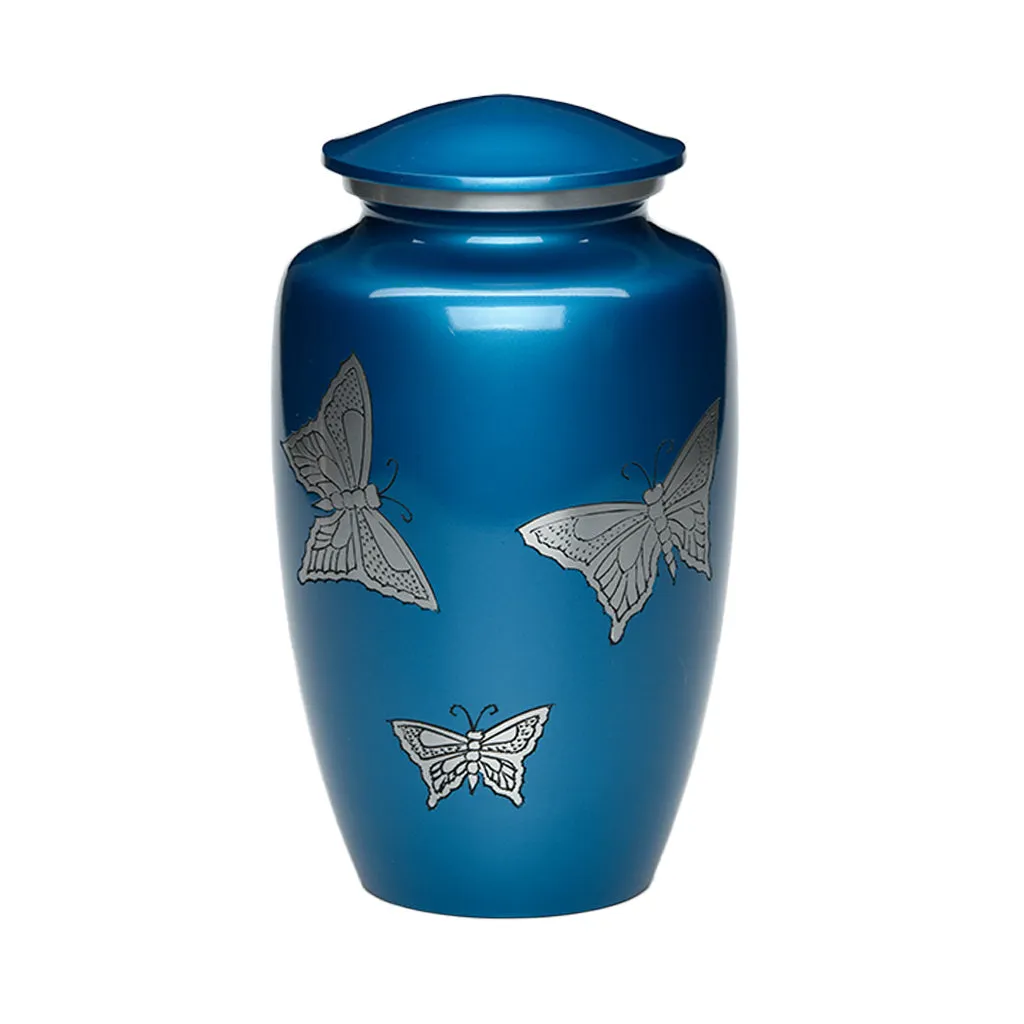 Butterflies in Blue Metal Cremation Urn