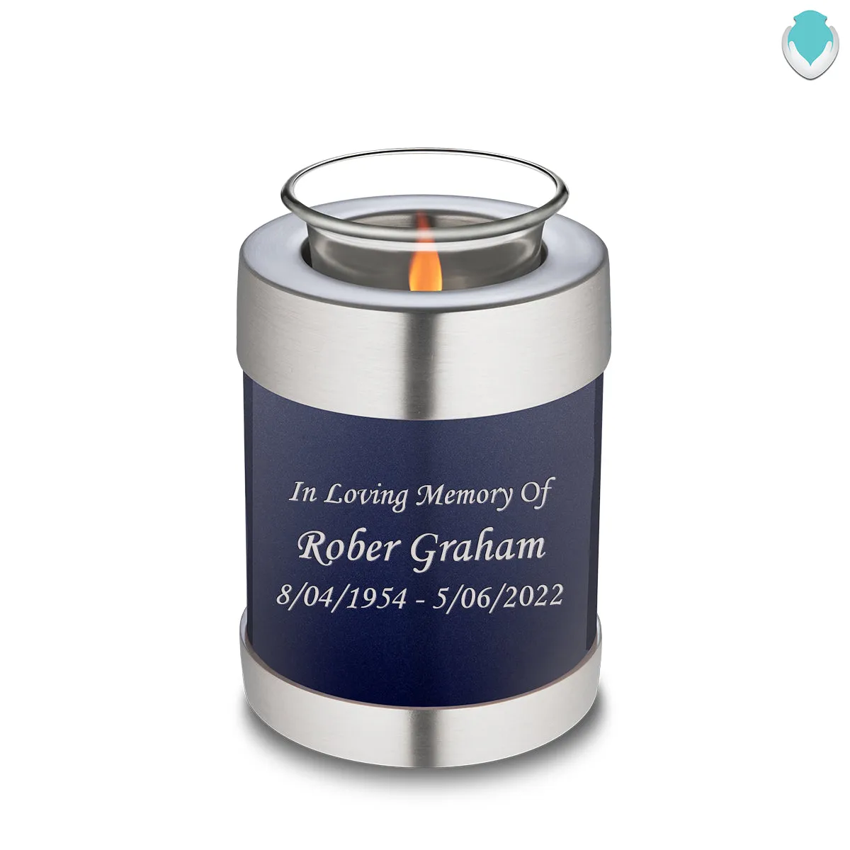 Candle Holder Embrace Cobalt Blue Custom Engraved Text Cremation Urn
