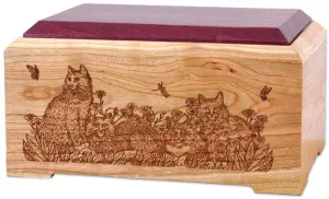 Cat Lovers Cremation Urn in Cherry Wood with Purple Heart