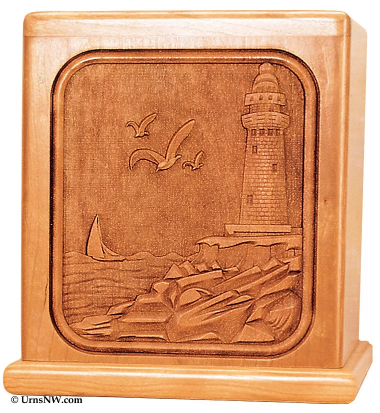 Cherry Wood Cremation Urn with Lighthouse Made in the USA