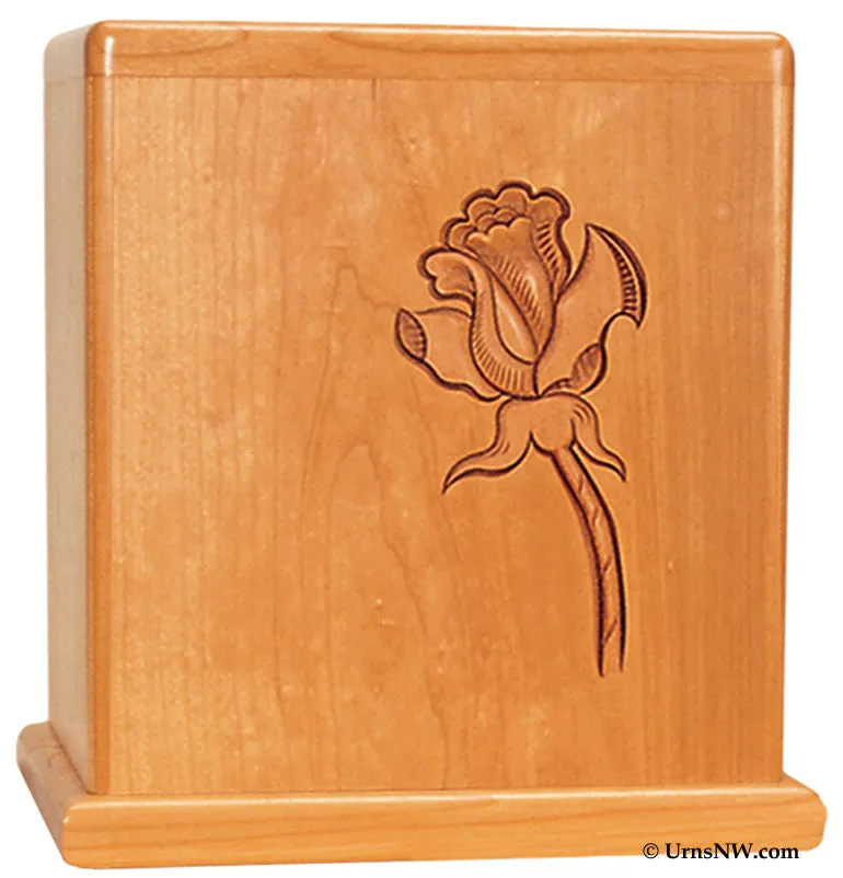 Cherry Wood Cremation Urn with Single Rose Made in the USA