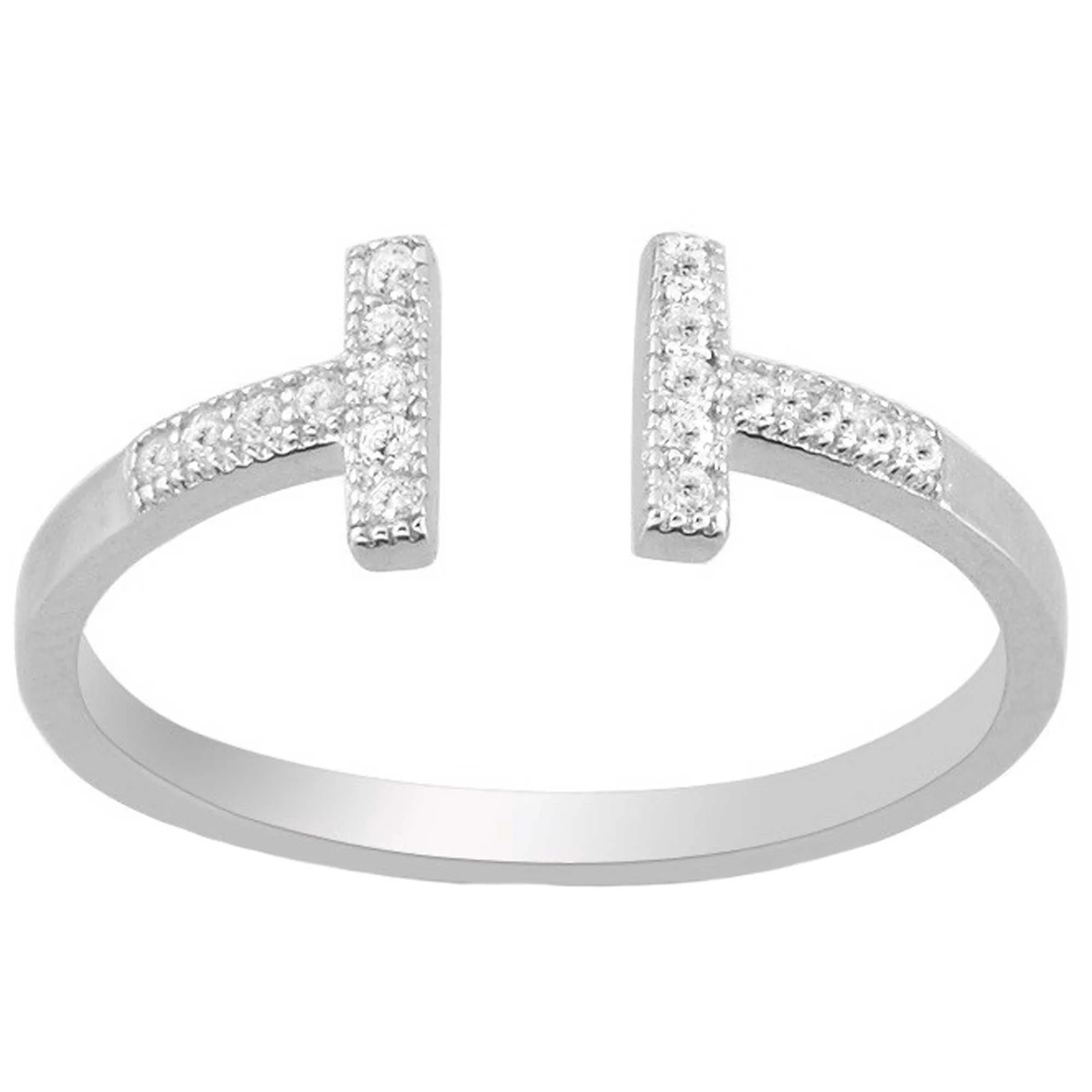 Classic Women's Silver Double T White CZ Ring - W-1262