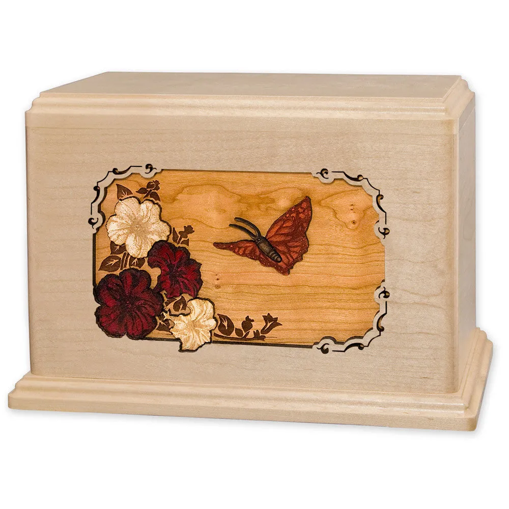 Companion Cremation Urn with Butterfly & Flowers 3D Wood Inlay