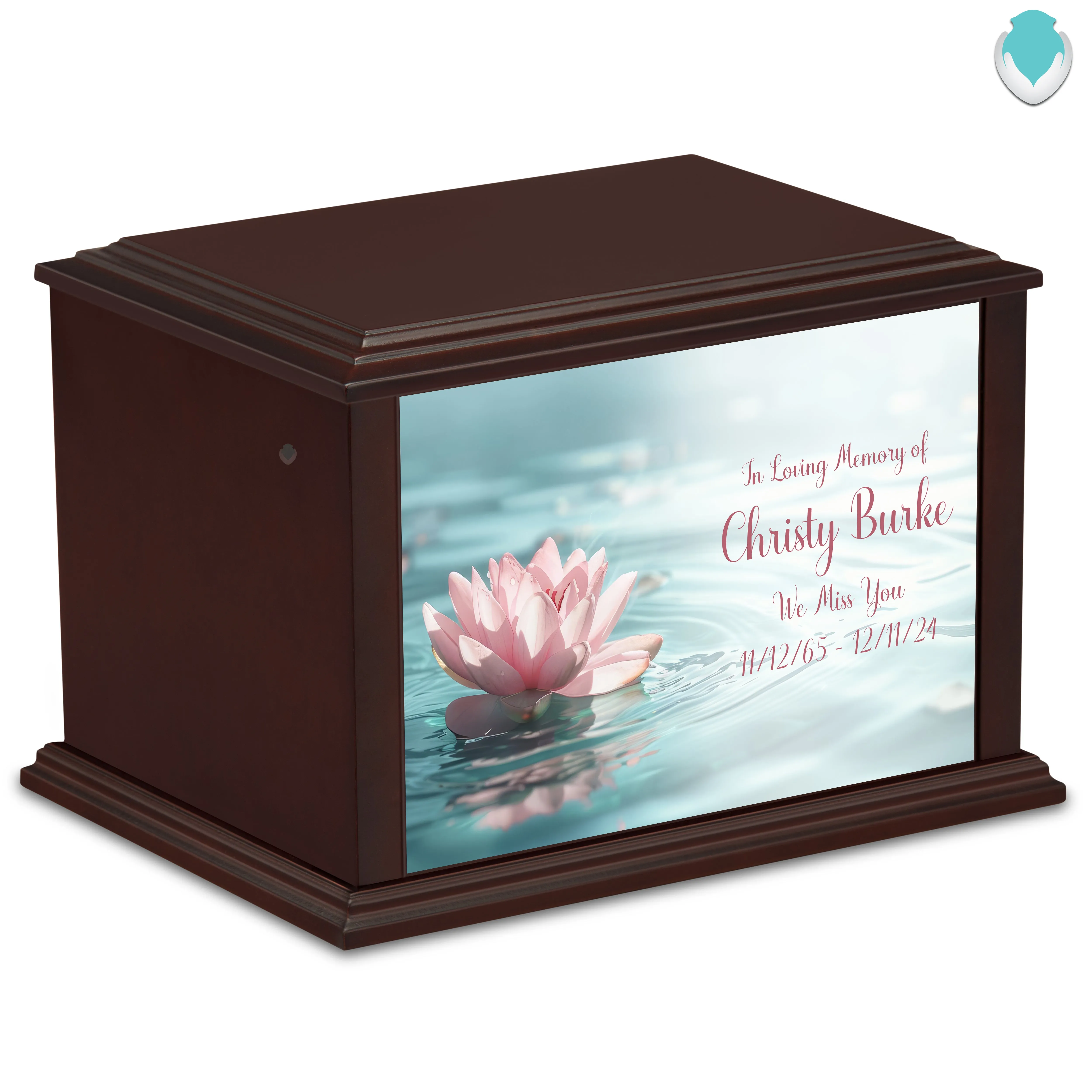 Custom Printed Heritage Everlasting Expressions Lotus Flower Wood Box Cremation Urn