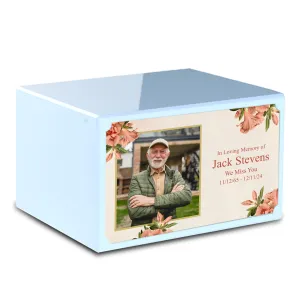 Custom Printed Heritage Light Blue Azalea Flower Wood Box Cremation Urn