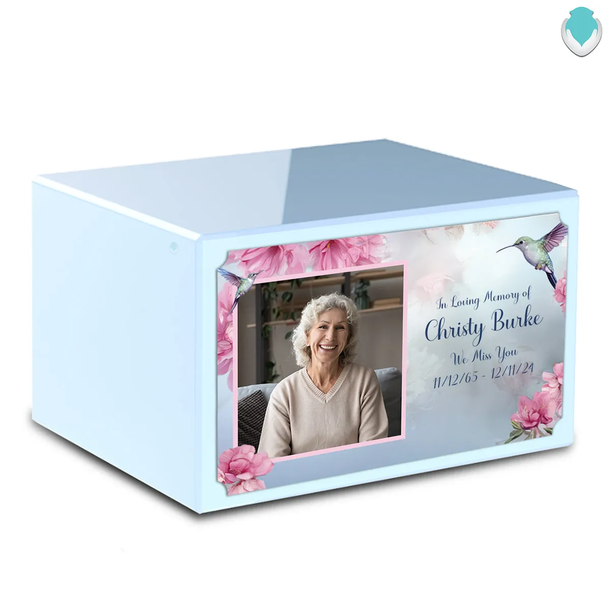 Custom Printed Heritage Light Blue Photo Hummingbird Wood Cremation Urn Box