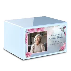 Custom Printed Heritage Light Blue Photo Hummingbird Wood Cremation Urn Box