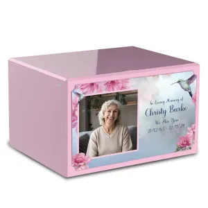 Custom Printed Heritage Light Pink Photo Hummingbird Wood Cremation Urn Box