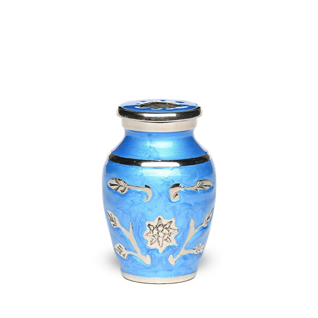 Floral Symphony Brass Urn in Blue with Hand Carved Flower Art