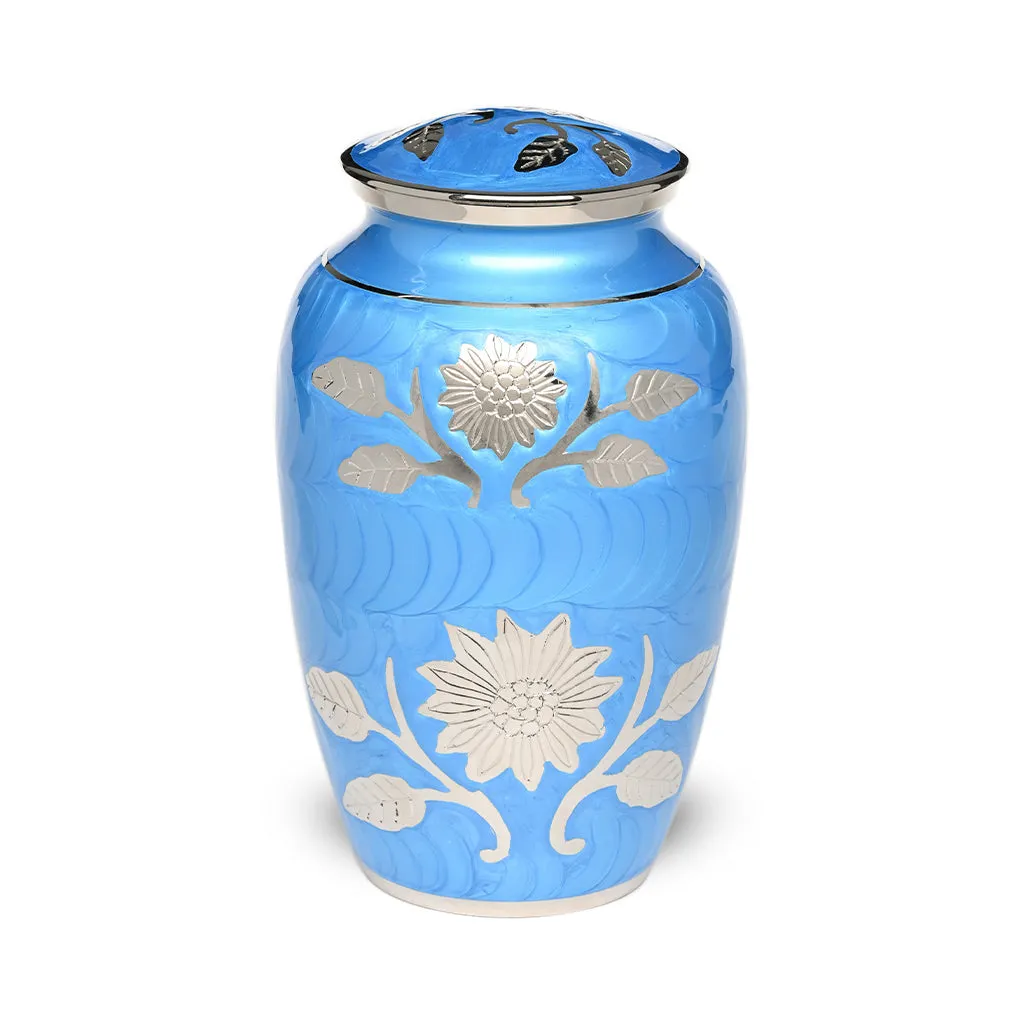 Floral Symphony Brass Urn in Blue with Hand Carved Flower Art