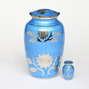 Floral Symphony Brass Urn in Blue with Hand Carved Flower Art