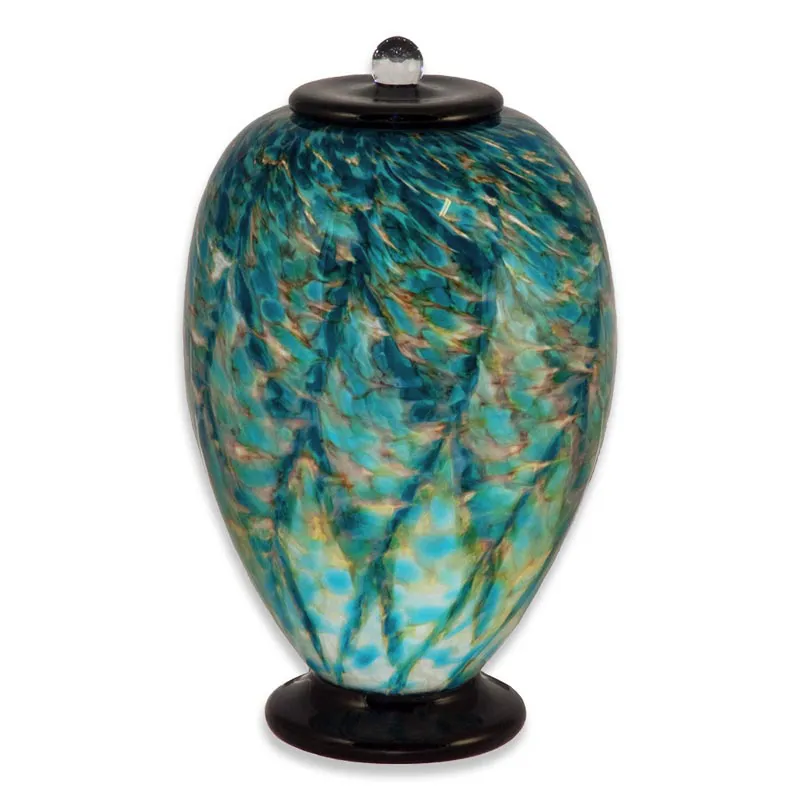 Hand Blown Glass Cremation Urn for Adults in Deco Aegean