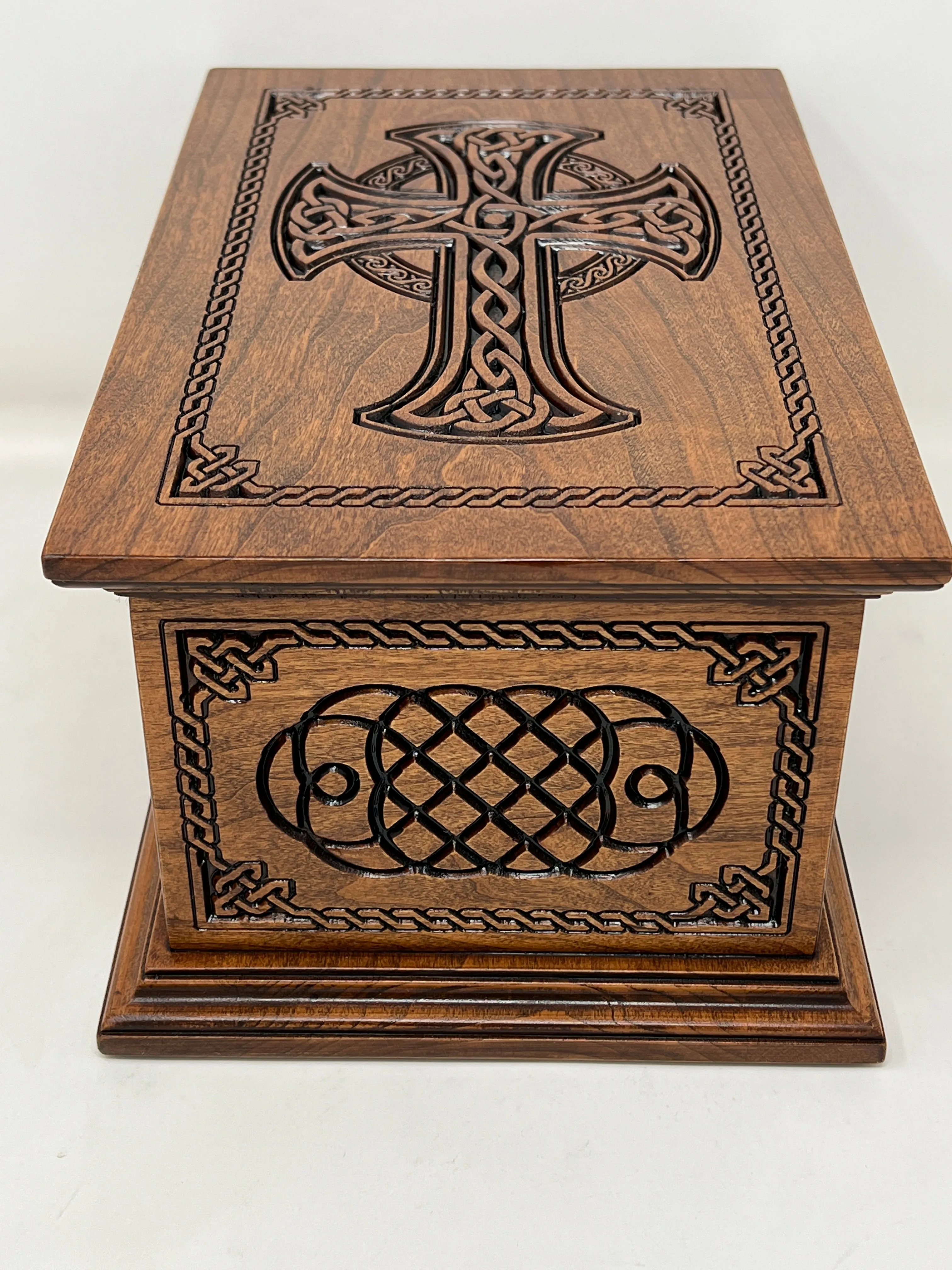 Hand-Carved Cremation Urn with Celtic Cross and Weave