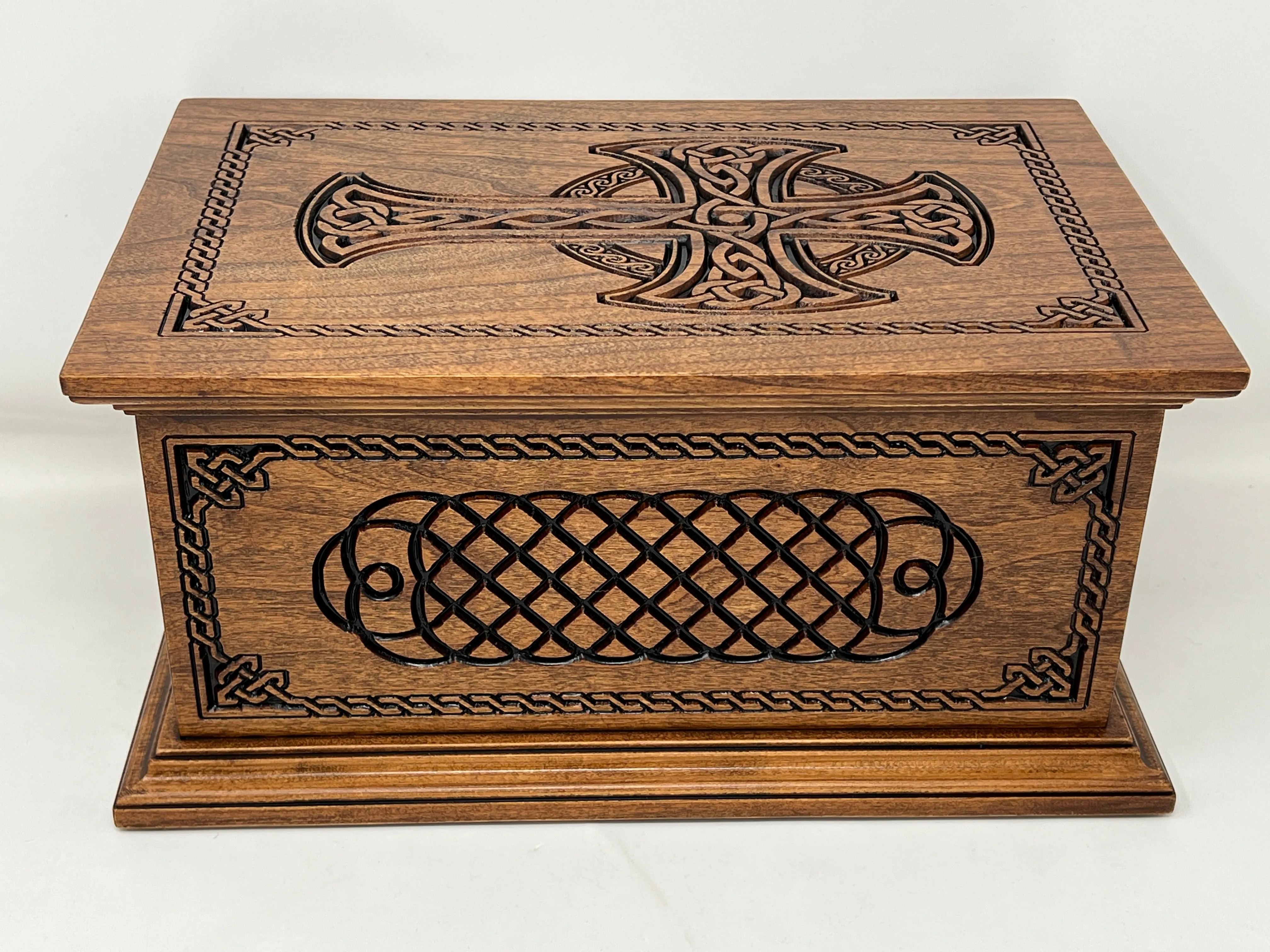 Hand-Carved Cremation Urn with Celtic Cross and Weave
