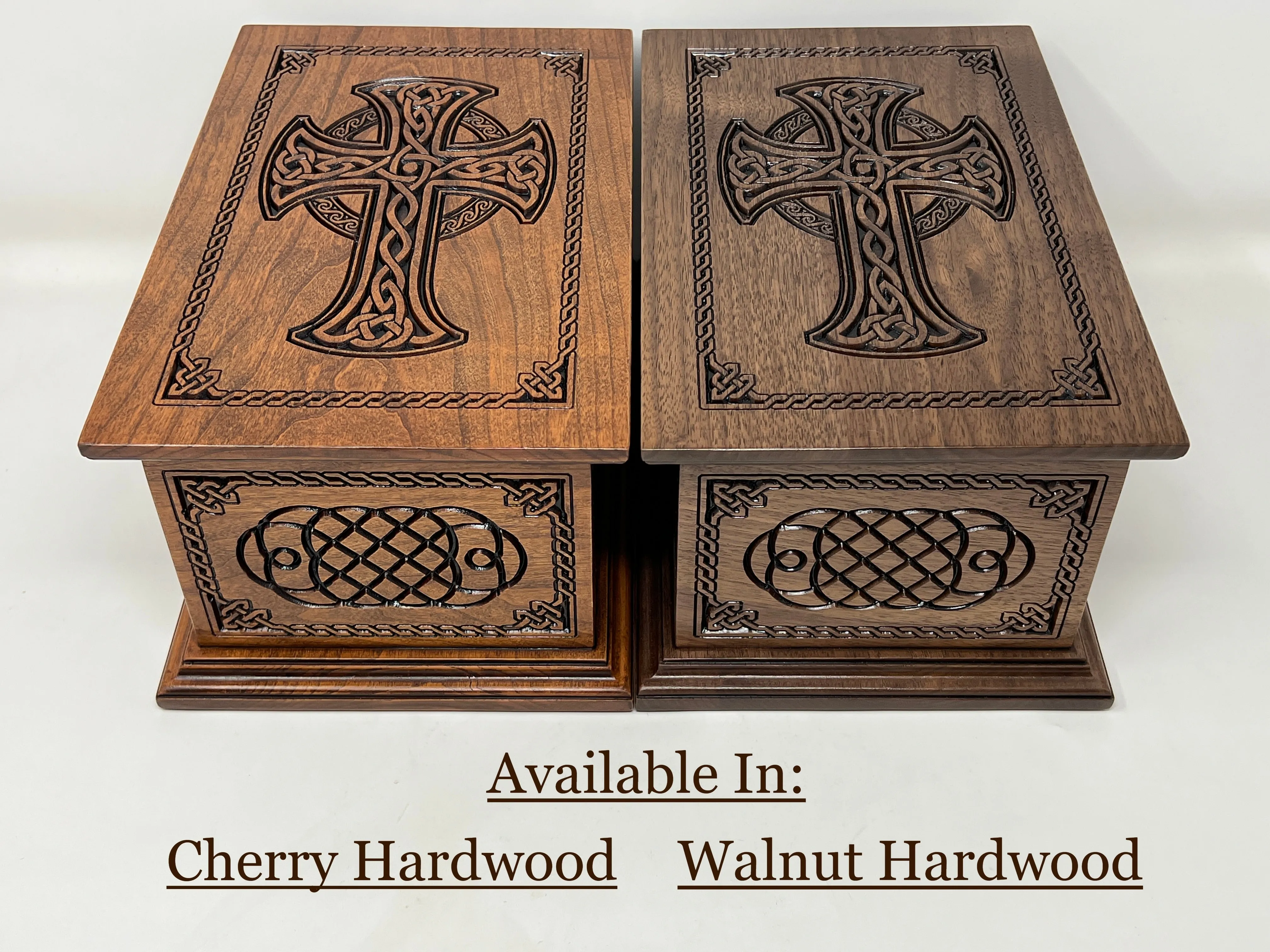 Hand-Carved Cremation Urn with Celtic Cross and Weave