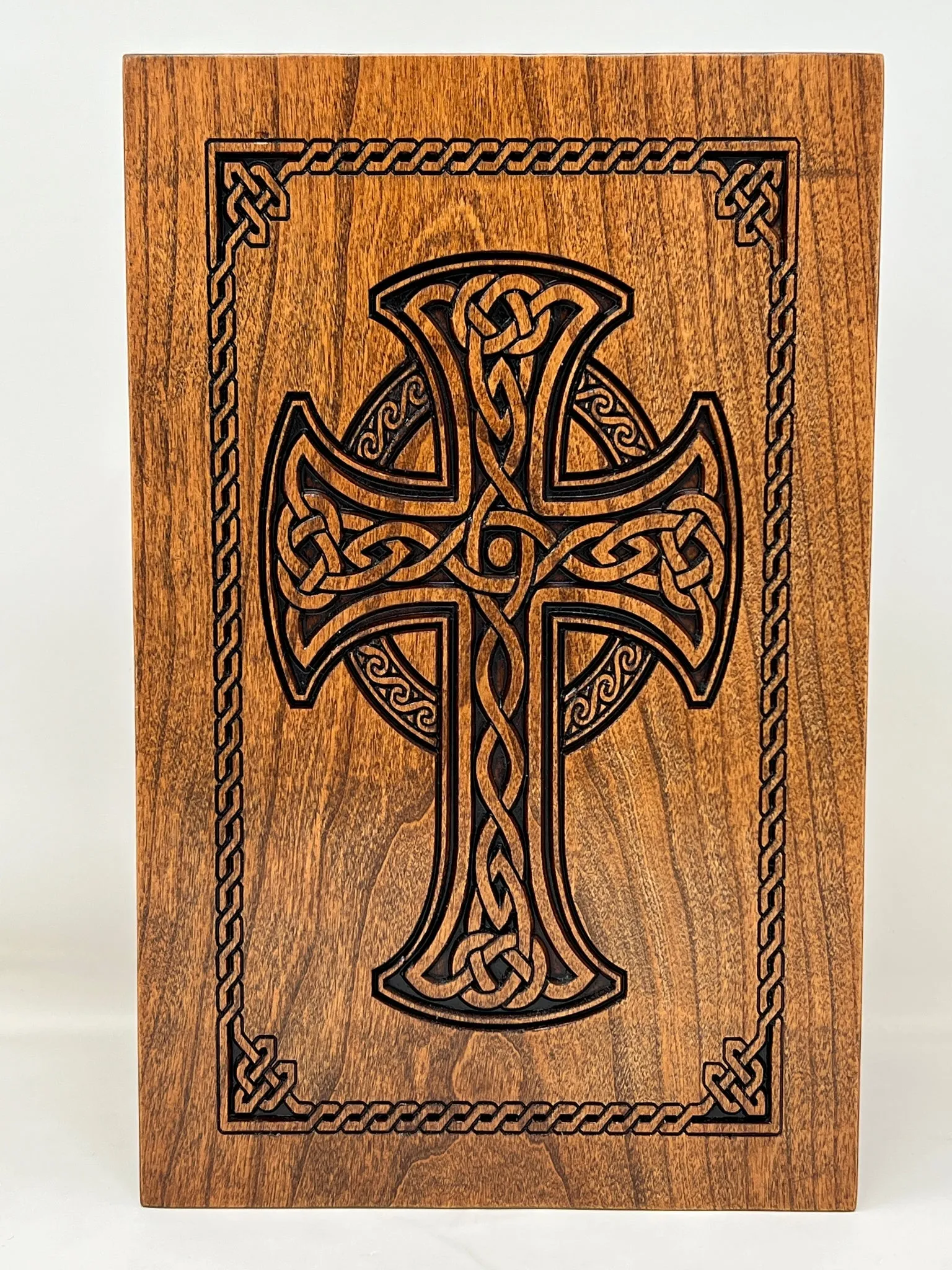 Hand-Carved Cremation Urn with Celtic Cross and Weave
