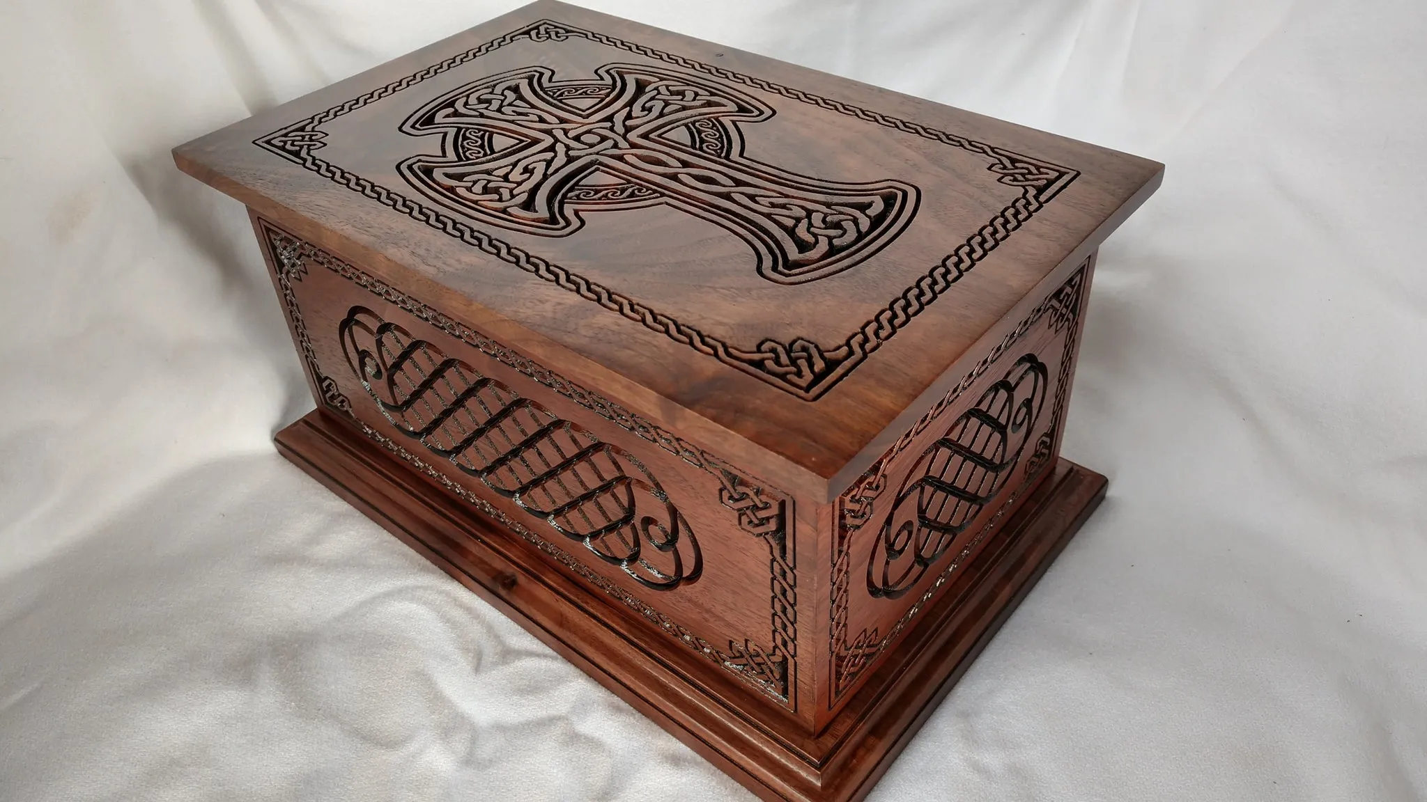 Hand-Carved Cremation Urn with Celtic Cross and Weave