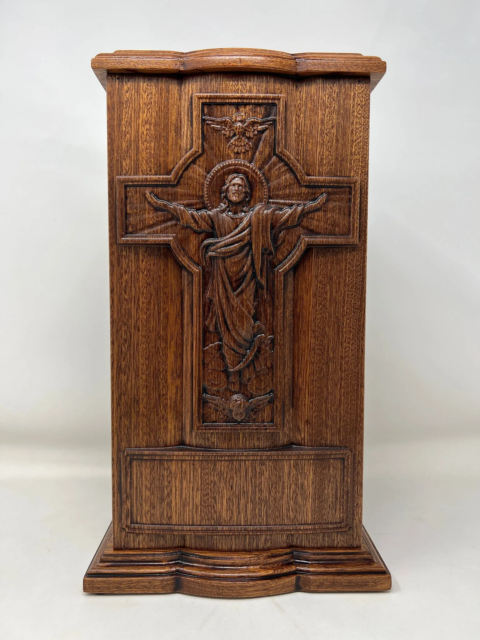 Hand-Carved Jesus Ascension Cross Mahogany Urn