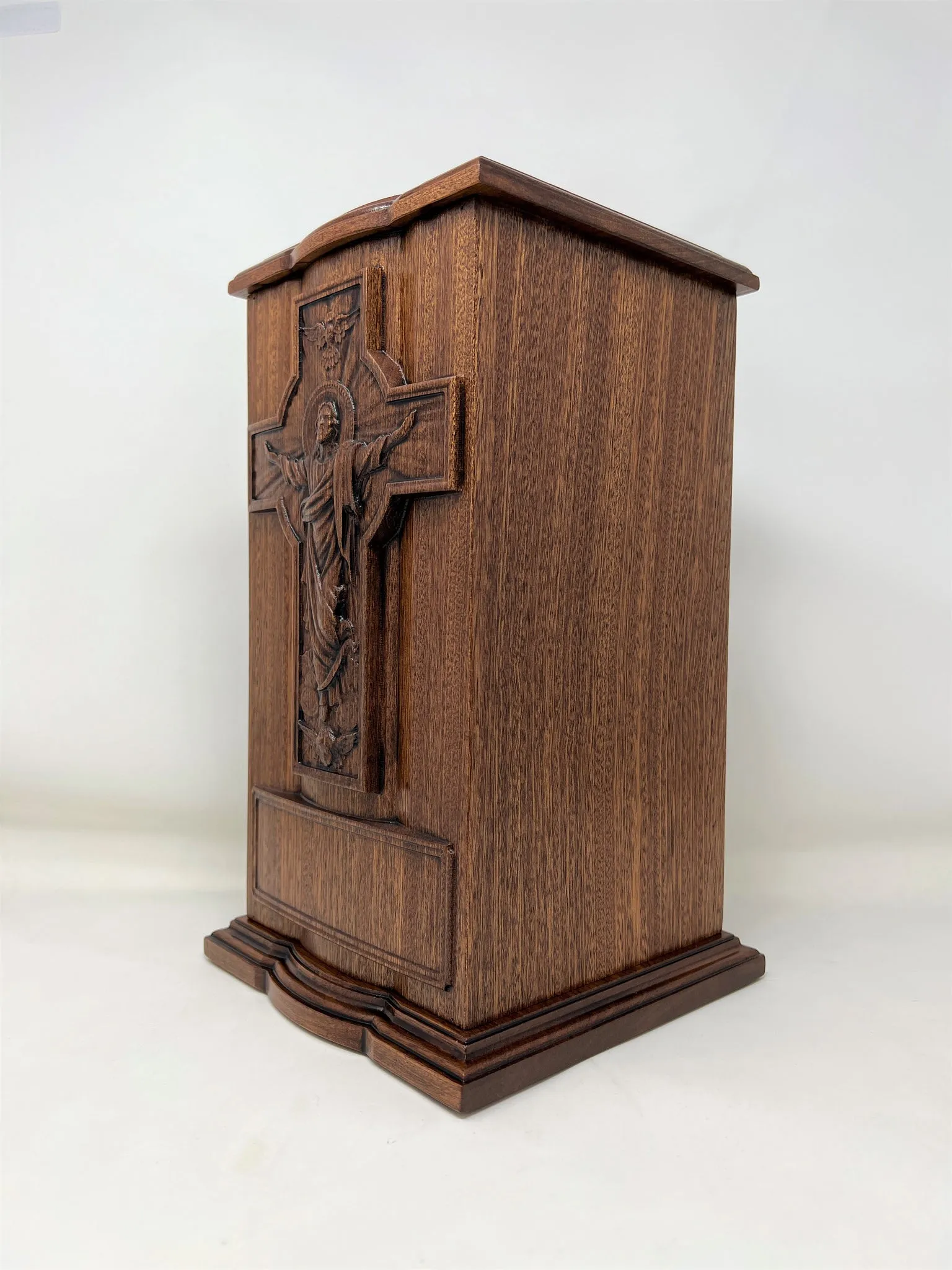 Hand-Carved Jesus Ascension Cross Mahogany Urn