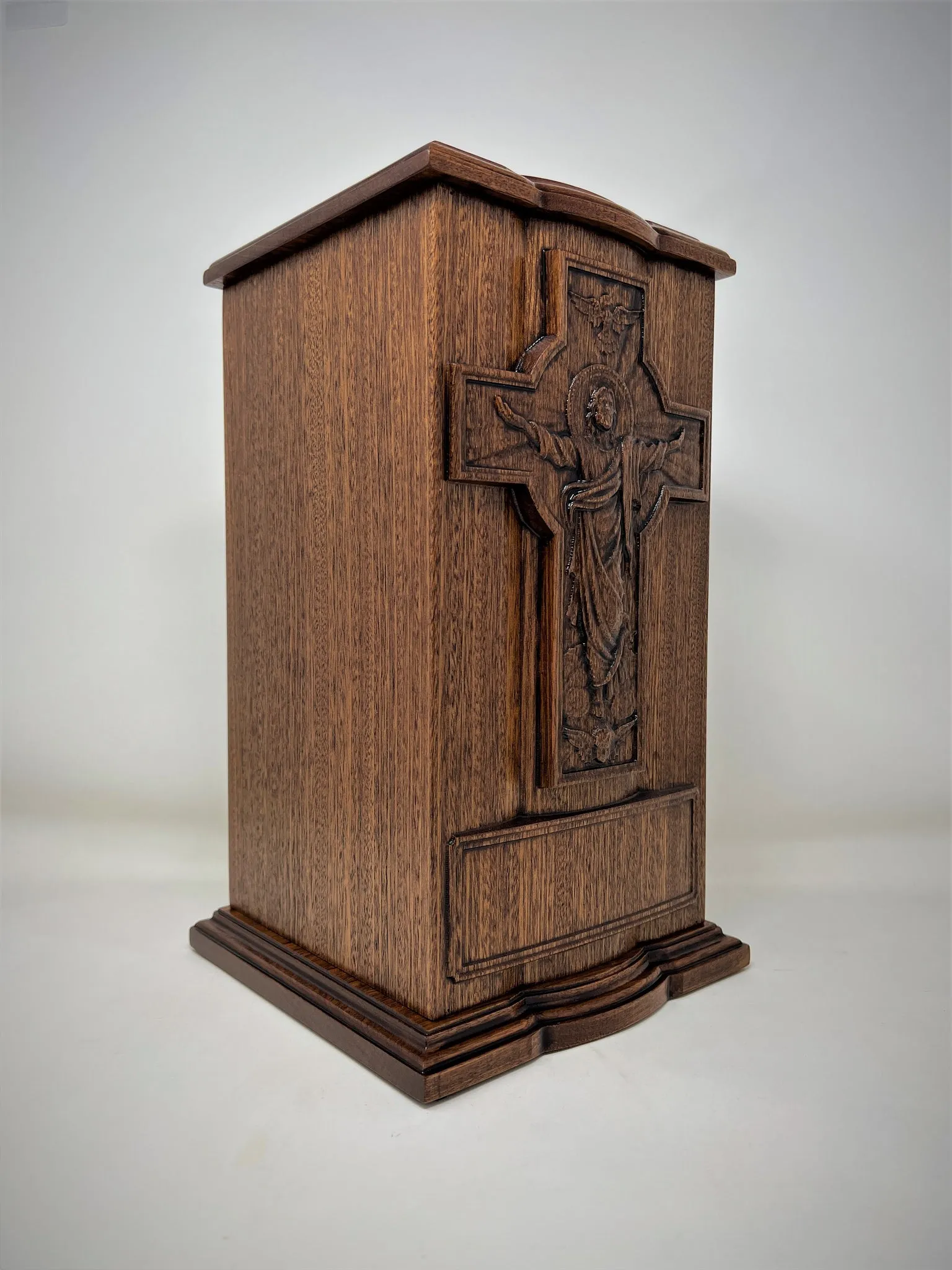 Hand-Carved Jesus Ascension Cross Mahogany Urn