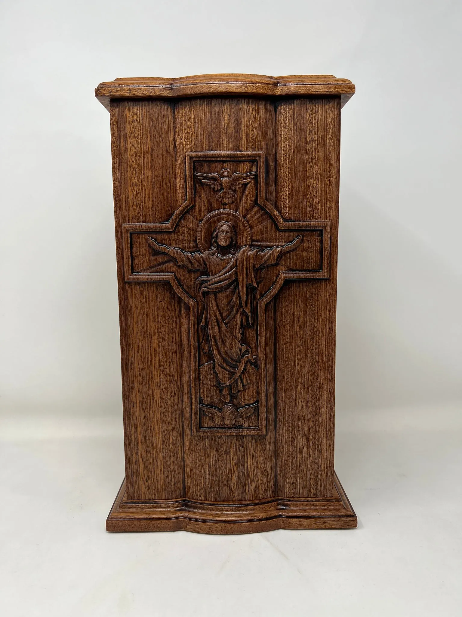 Hand-Carved Jesus Ascension Cross Mahogany Urn