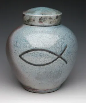 Handcrafted Christian Symbol Raku Ceramic Cremation Urn