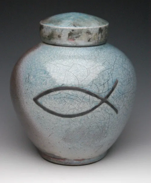 Handcrafted Christian Symbol Raku Ceramic Cremation Urn