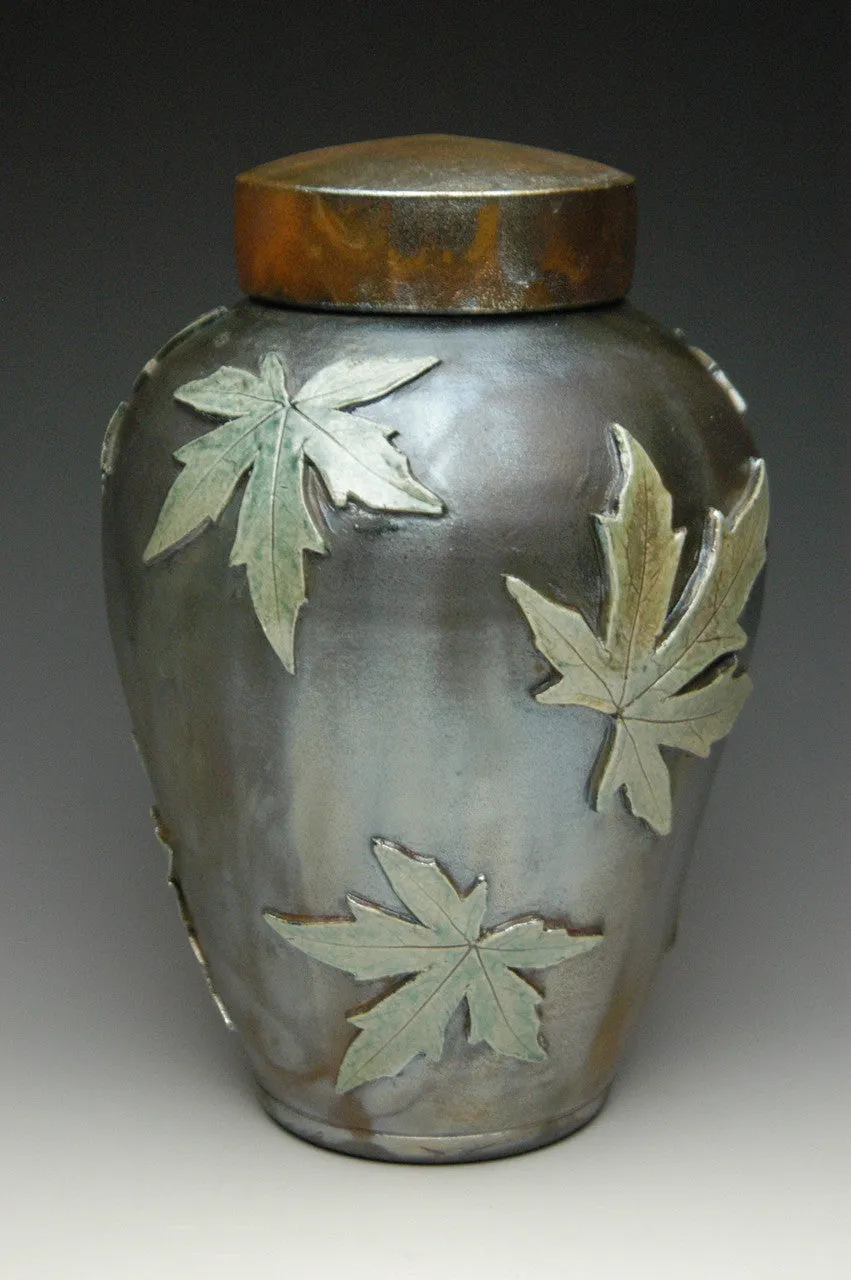 Handcrafted Falling Leaves Maple Raku Ceramic Cremation Urn