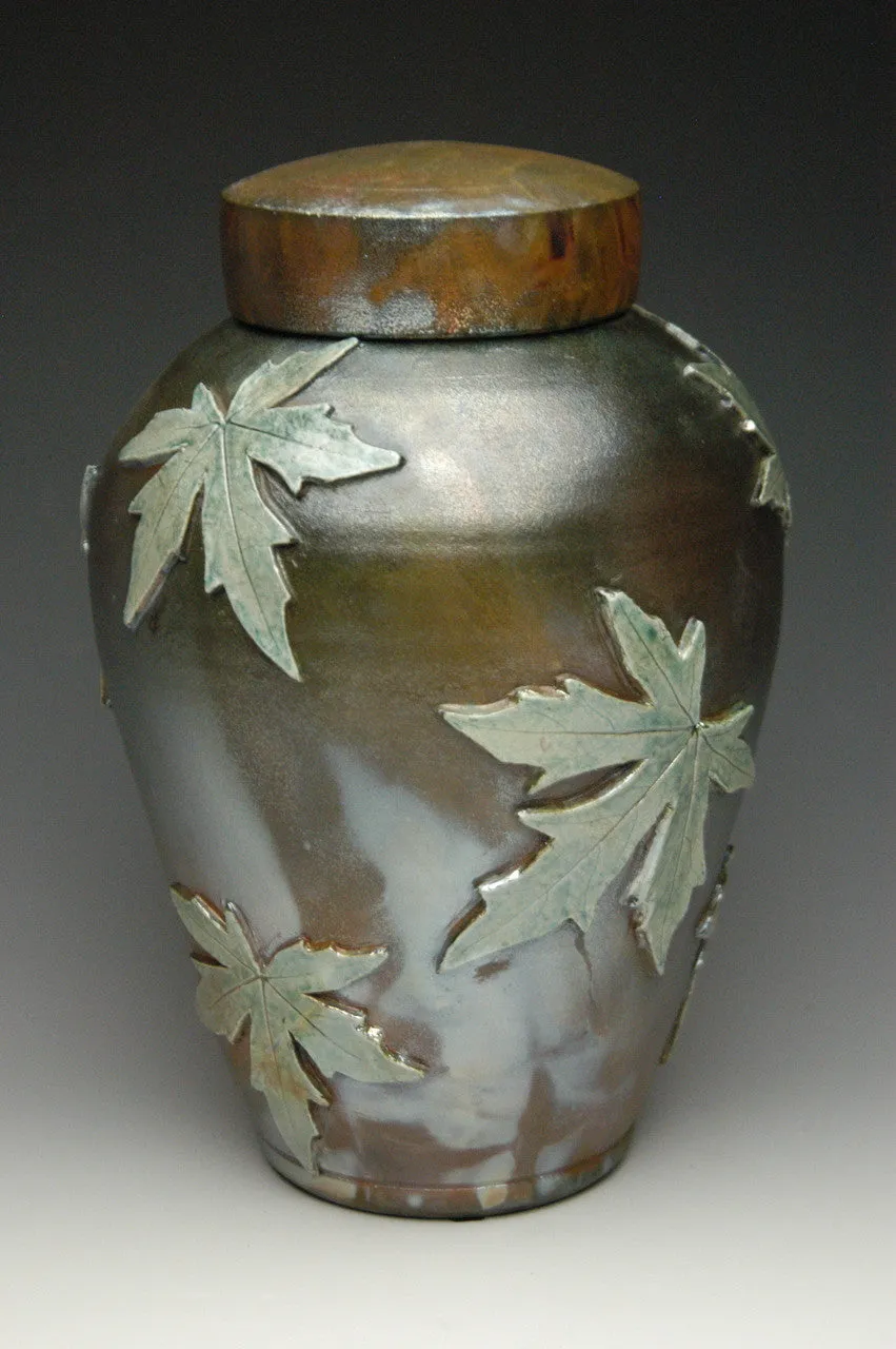 Handcrafted Falling Leaves Maple Raku Ceramic Cremation Urn