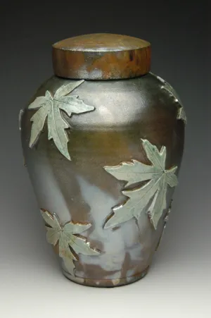 Handcrafted Falling Leaves Maple Raku Ceramic Cremation Urn