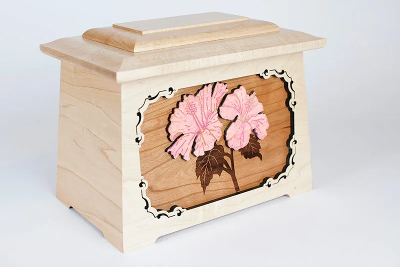Hibiscus Flower Cremation Urn with Wood Inlay Art