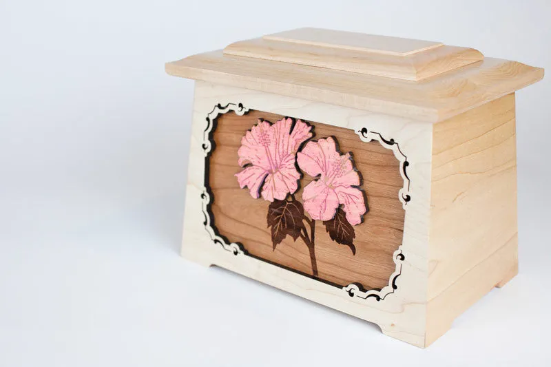 Hibiscus Flower Cremation Urn with Wood Inlay Art