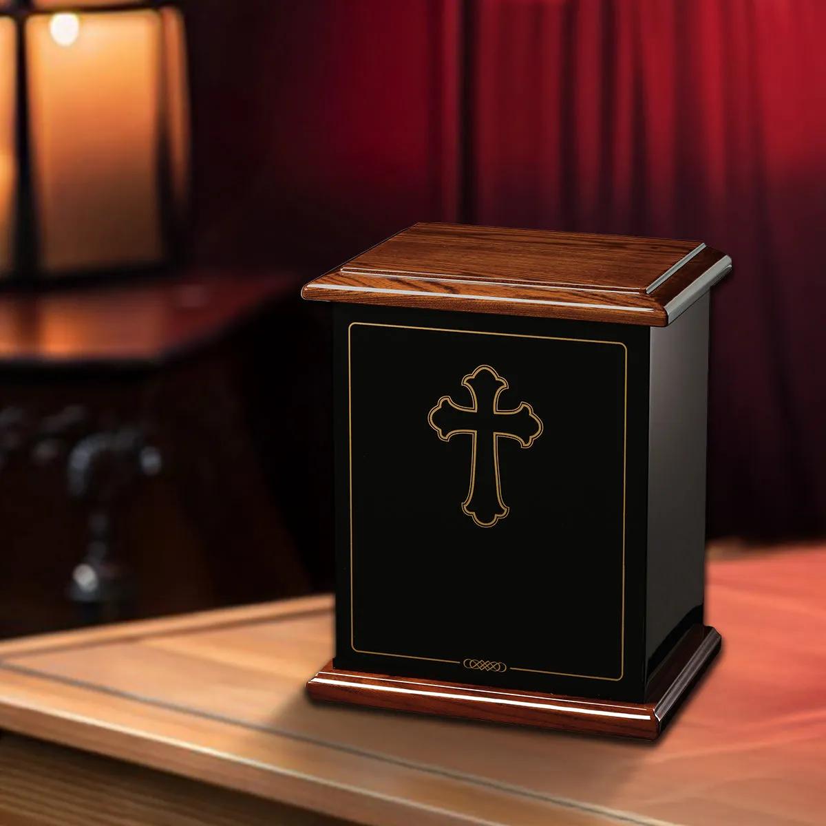 Hope with Gold Cross Black & Walnut Wood Urn