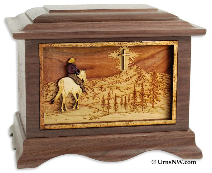 Horse Riding Home Cremation Urn with Wood Inlay Art