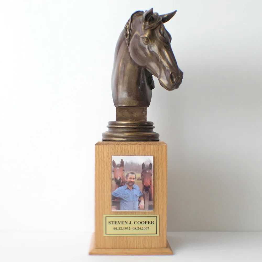 Horse Themed Wood Cremation Urn with Bronze Horse Statue