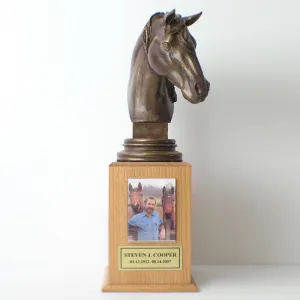 Horse Themed Wood Cremation Urn with Bronze Horse Statue